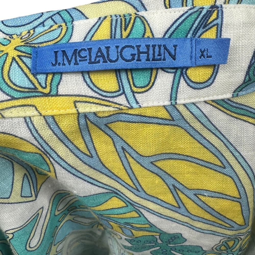 J. McLaughlin Britt Linen Tropical Leaf Button Shirt Blue Yellow XL Coastal‎ - Picture 4 of 11